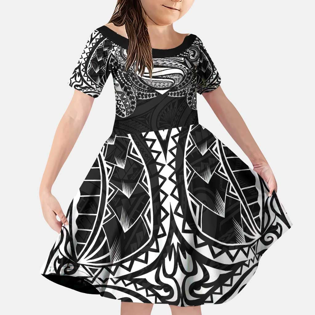 Super Samoan Traditional Tribal Art Tattoos Family Matching Puletasi and Hawaiian Shirt Black Color LT03 Daughter's Dress Black - Polynesian Pride