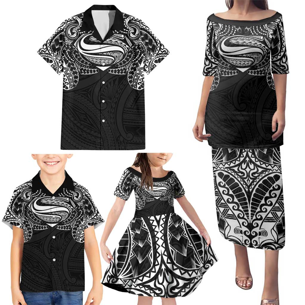 Super Samoan Traditional Tribal Art Tattoos Family Matching Puletasi and Hawaiian Shirt Black Color LT03 - Polynesian Pride