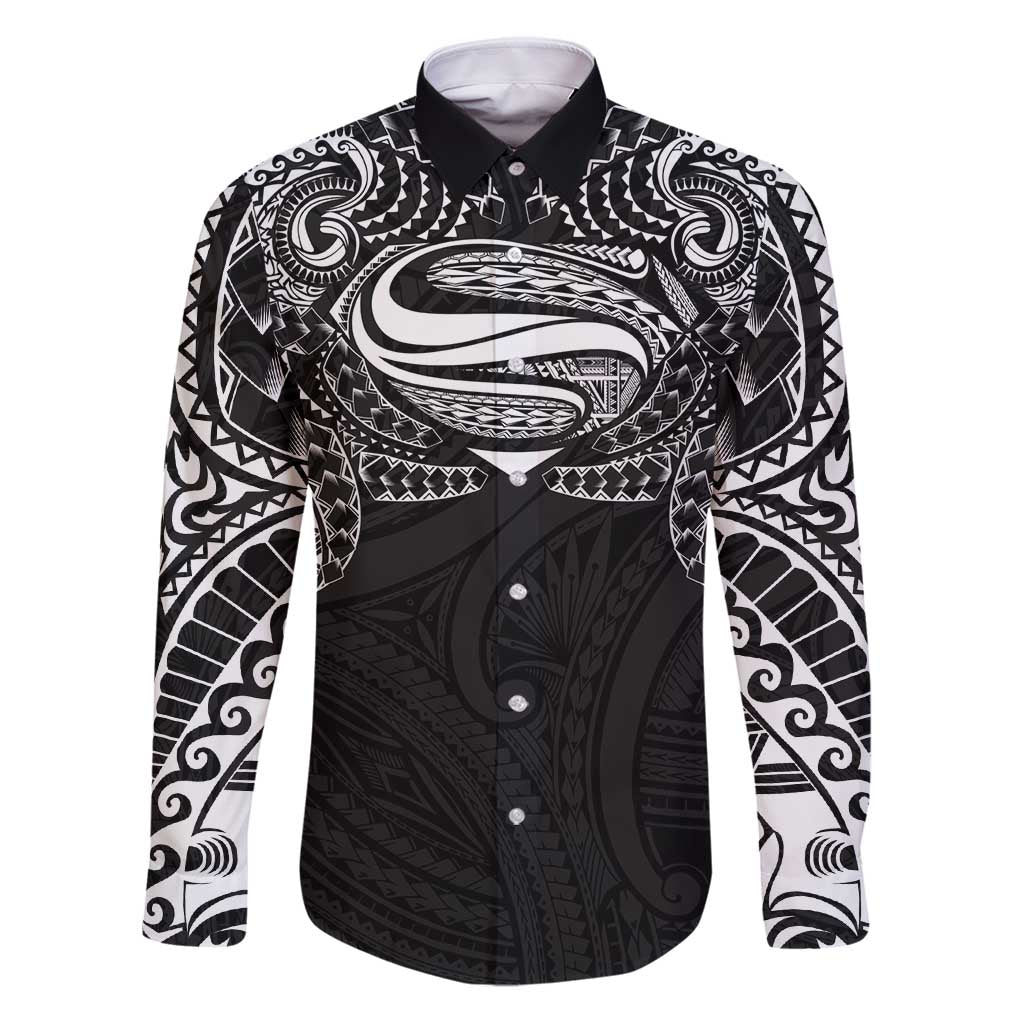 Super Samoan Traditional Tribal Art Tattoos Family Matching Puletasi and Hawaiian Shirt Black Color LT03 Dad's Shirt - Long Sleeve Black - Polynesian Pride