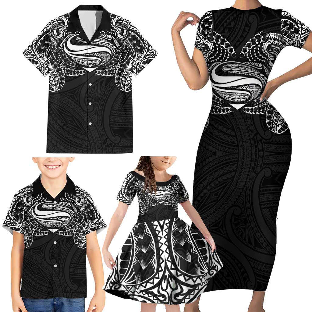 Super Samoan Traditional Tribal Art Tattoos Family Matching Short Sleeve Bodycon Dress and Hawaiian Shirt Black Color LT03 - Polynesian Pride