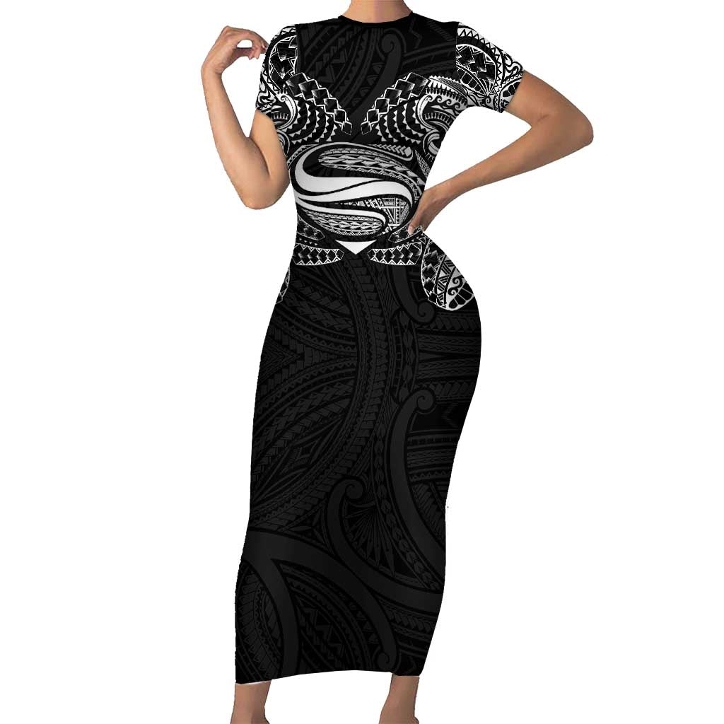 Super Samoan Traditional Tribal Art Tattoos Short Sleeve Bodycon Dress Black Color LT03 Long Dress Black - Polynesian Pride