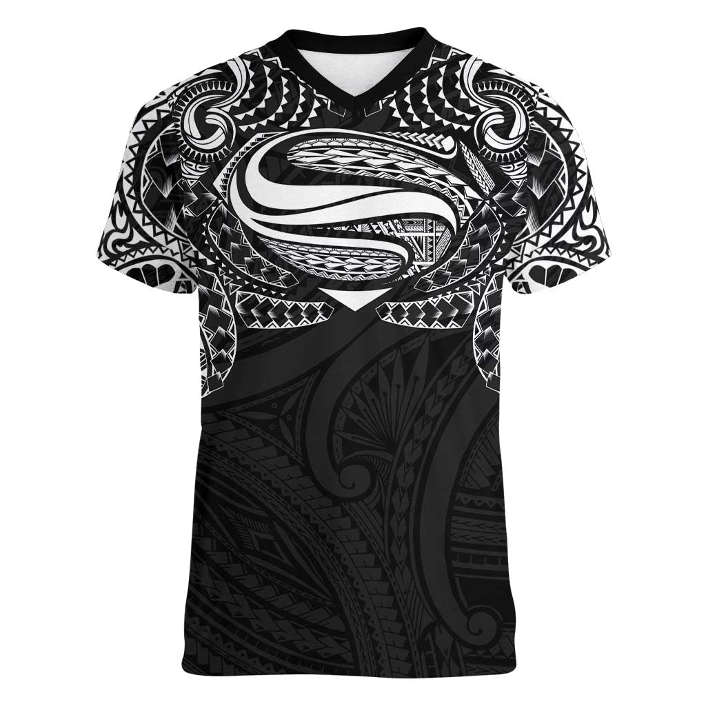 Super Samoan Traditional Tribal Art Tattoos Women V-Neck T-Shirt Black Color LT03 Female Black - Polynesian Pride