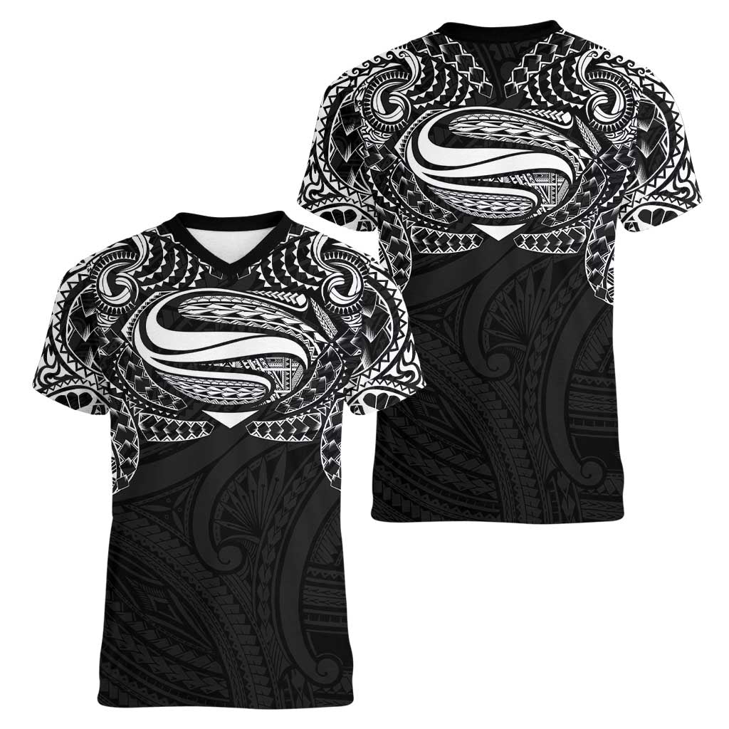 Super Samoan Traditional Tribal Art Tattoos Women V-Neck T-Shirt Black Color LT03 - Polynesian Pride