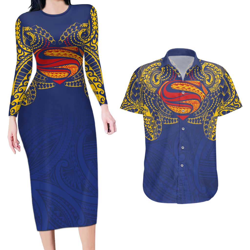 Super Samoan Traditional Tribal Art Tattoos Couples Matching Long Sleeve Bodycon Dress and Hawaiian Shirt Blue Color LT03 Blue - Polynesian Pride