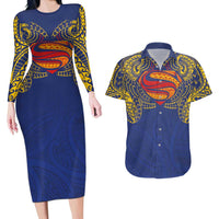 Super Samoan Traditional Tribal Art Tattoos Couples Matching Long Sleeve Bodycon Dress and Hawaiian Shirt Blue Color LT03 Blue - Polynesian Pride