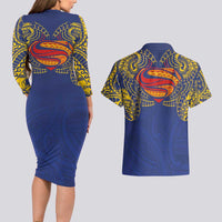 Super Samoan Traditional Tribal Art Tattoos Couples Matching Long Sleeve Bodycon Dress and Hawaiian Shirt Blue Color LT03 - Polynesian Pride