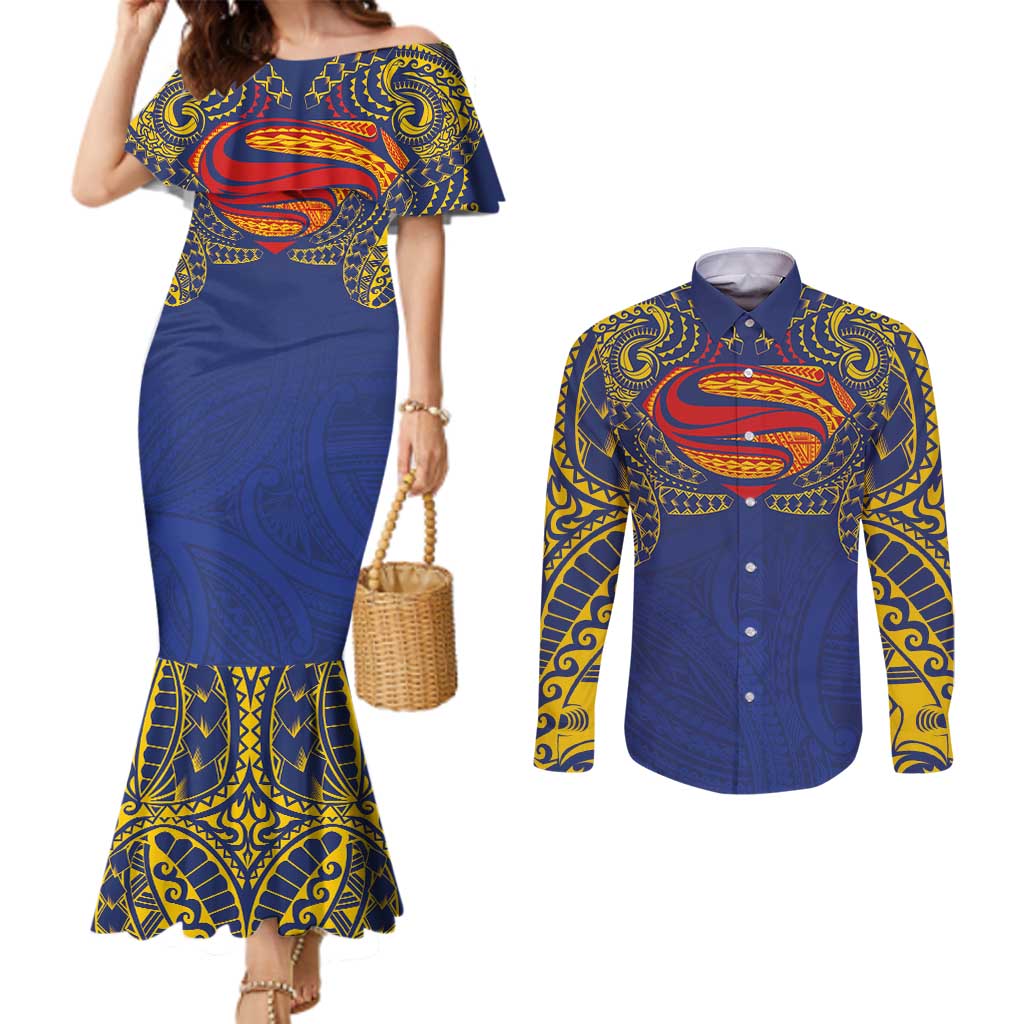 Super Samoan Traditional Tribal Art Tattoos Couples Matching Mermaid Dress and Long Sleeve Button Shirt Blue Color LT03 Blue - Polynesian Pride