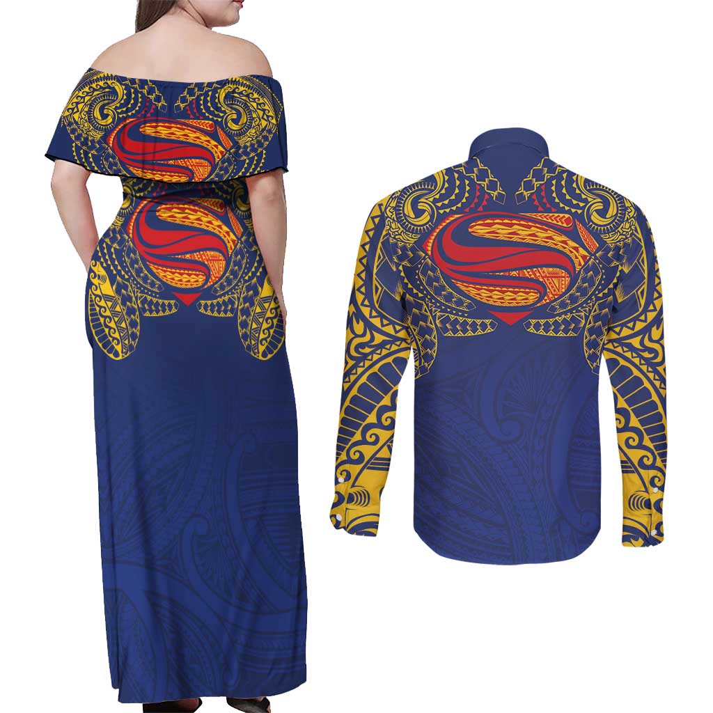 Super Samoan Traditional Tribal Art Tattoos Couples Matching Off Shoulder Maxi Dress and Long Sleeve Button Shirt Blue Color LT03 - Polynesian Pride