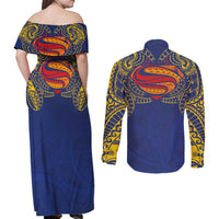 Super Samoan Traditional Tribal Art Tattoos Couples Matching Off Shoulder Maxi Dress and Long Sleeve Button Shirt Blue Color LT03 - Polynesian Pride