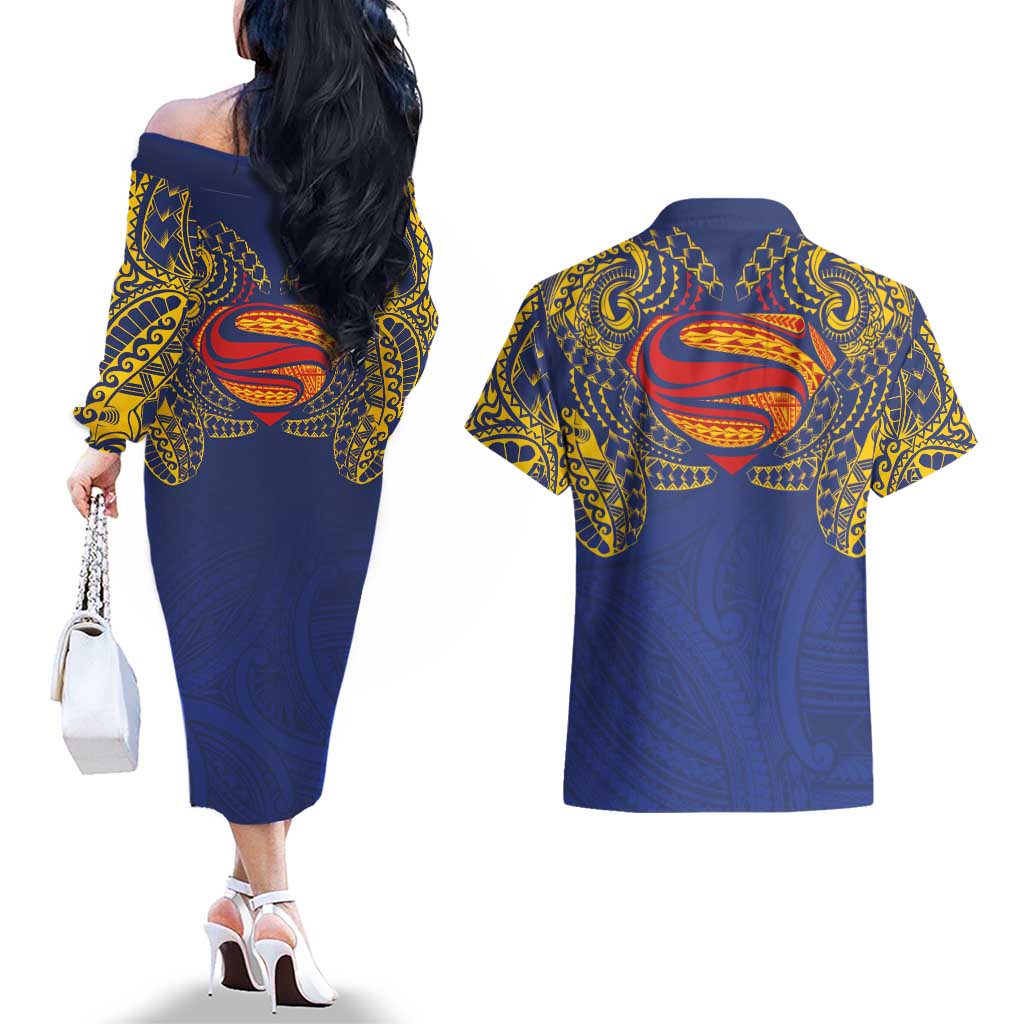 Super Samoan Traditional Tribal Art Tattoos Couples Matching Off The Shoulder Long Sleeve Dress and Hawaiian Shirt Blue Color LT03 - Polynesian Pride