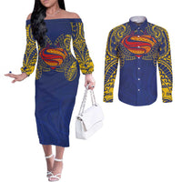 Super Samoan Traditional Tribal Art Tattoos Couples Matching Off The Shoulder Long Sleeve Dress and Long Sleeve Button Shirt Blue Color LT03 Blue - Polynesian Pride