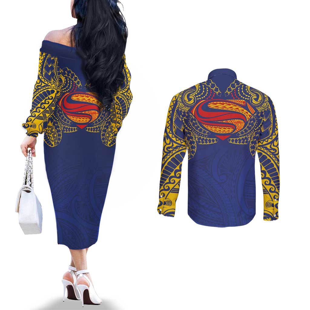 Super Samoan Traditional Tribal Art Tattoos Couples Matching Off The Shoulder Long Sleeve Dress and Long Sleeve Button Shirt Blue Color LT03 - Polynesian Pride