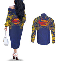 Super Samoan Traditional Tribal Art Tattoos Couples Matching Off The Shoulder Long Sleeve Dress and Long Sleeve Button Shirt Blue Color LT03 - Polynesian Pride