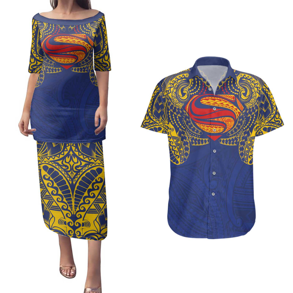 Super Samoan Traditional Tribal Art Tattoos Couples Matching Puletasi and Hawaiian Shirt Blue Color LT03 Blue - Polynesian Pride