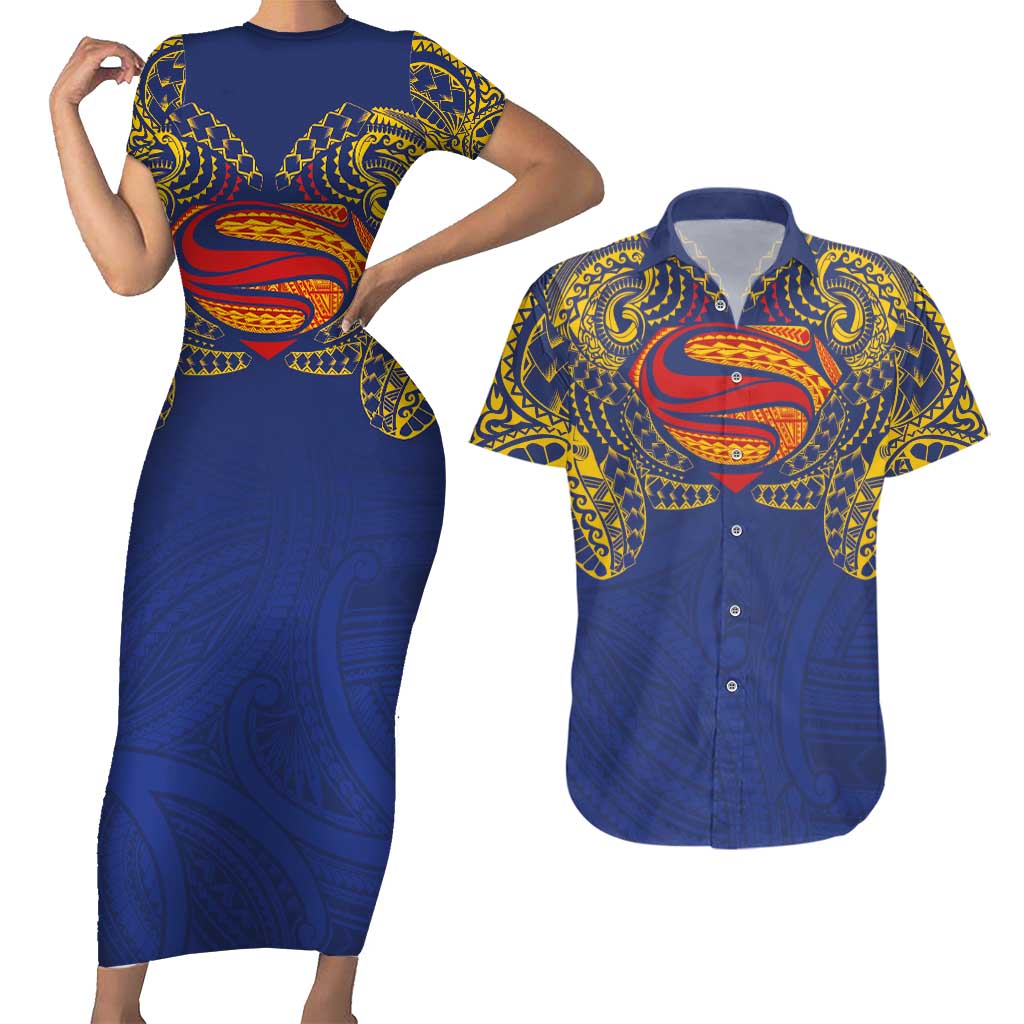 Super Samoan Traditional Tribal Art Tattoos Couples Matching Short Sleeve Bodycon Dress and Hawaiian Shirt Blue Color LT03 Blue - Polynesian Pride