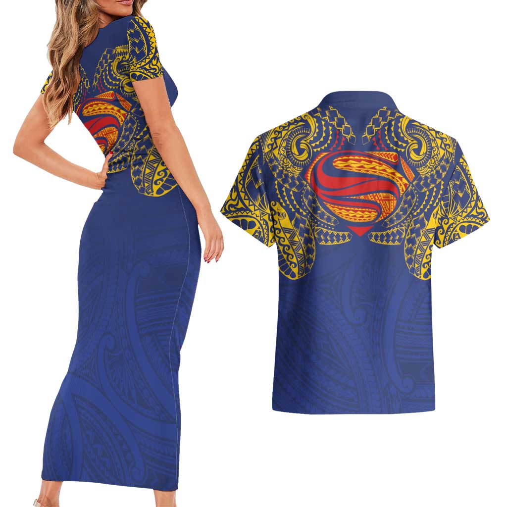 Super Samoan Traditional Tribal Art Tattoos Couples Matching Short Sleeve Bodycon Dress and Hawaiian Shirt Blue Color LT03 - Polynesian Pride