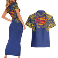 Super Samoan Traditional Tribal Art Tattoos Couples Matching Short Sleeve Bodycon Dress and Hawaiian Shirt Blue Color LT03 - Polynesian Pride