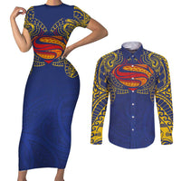 Super Samoan Traditional Tribal Art Tattoos Couples Matching Short Sleeve Bodycon Dress and Long Sleeve Button Shirt Blue Color LT03 Blue - Polynesian Pride