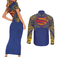 Super Samoan Traditional Tribal Art Tattoos Couples Matching Short Sleeve Bodycon Dress and Long Sleeve Button Shirt Blue Color LT03 - Polynesian Pride
