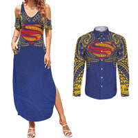 Super Samoan Traditional Tribal Art Tattoos Couples Matching Summer Maxi Dress and Long Sleeve Button Shirt Blue Color LT03 Blue - Polynesian Pride