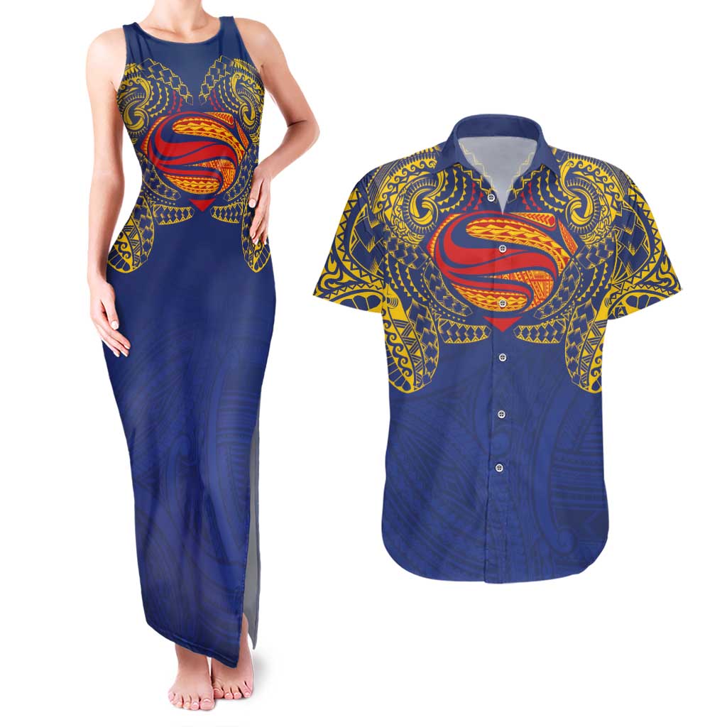 Super Samoan Traditional Tribal Art Tattoos Couples Matching Tank Maxi Dress and Hawaiian Shirt Blue Color LT03 Blue - Polynesian Pride