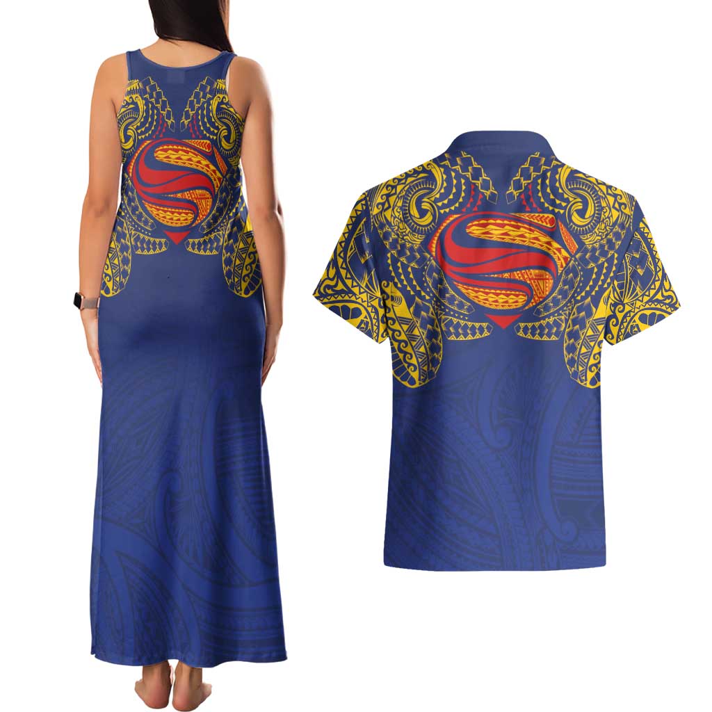 Super Samoan Traditional Tribal Art Tattoos Couples Matching Tank Maxi Dress and Hawaiian Shirt Blue Color LT03 - Polynesian Pride