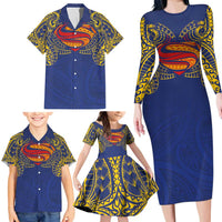 Super Samoan Traditional Tribal Art Tattoos Family Matching Long Sleeve Bodycon Dress and Hawaiian Shirt Blue Color LT03 - Polynesian Pride
