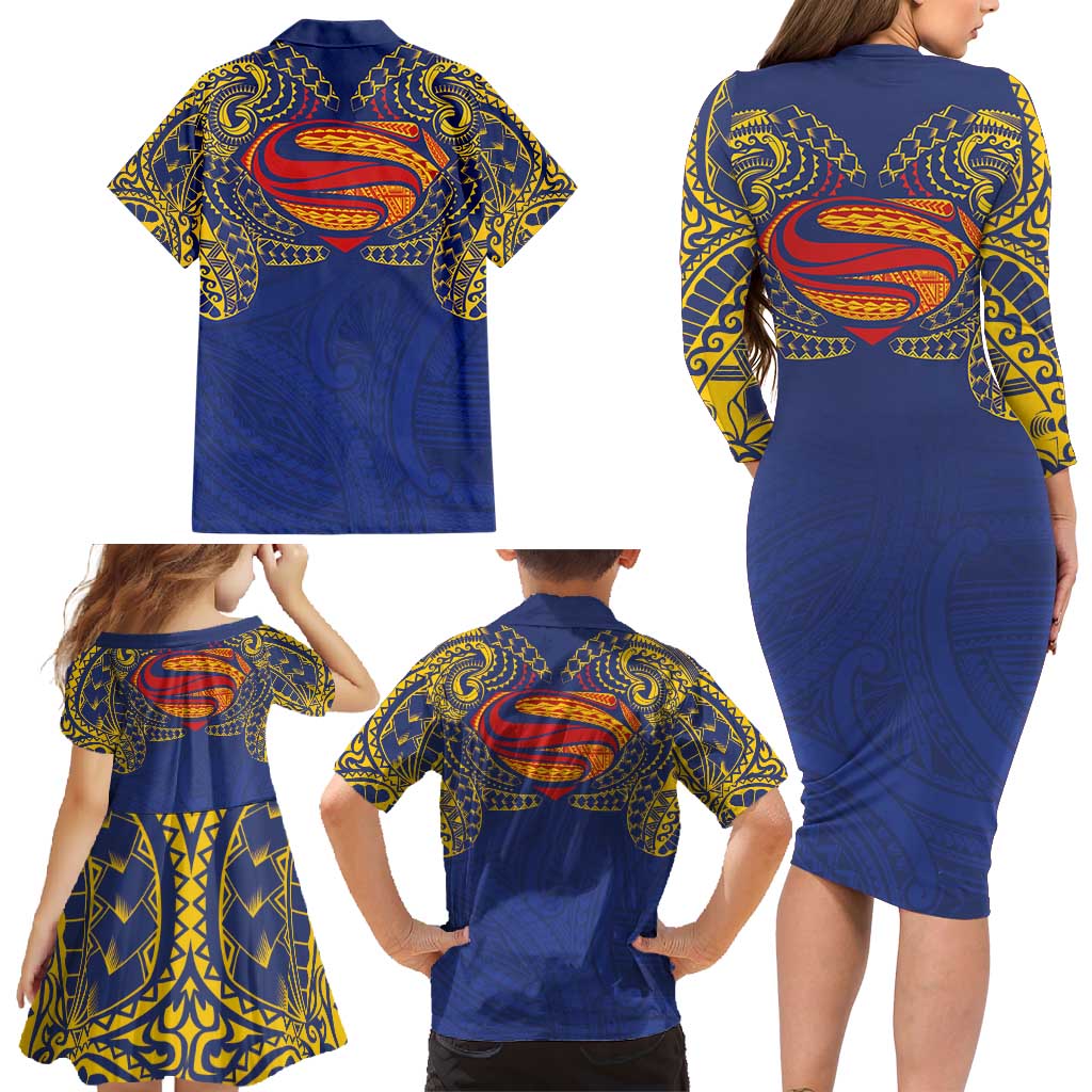 Super Samoan Traditional Tribal Art Tattoos Family Matching Long Sleeve Bodycon Dress and Hawaiian Shirt Blue Color LT03 - Polynesian Pride