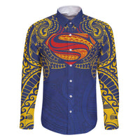 Super Samoan Traditional Tribal Art Tattoos Family Matching Mermaid Dress and Hawaiian Shirt Blue Color LT03 Dad's Shirt - Long Sleeve Blue - Polynesian Pride
