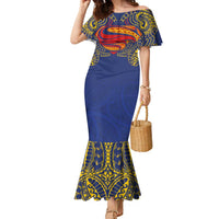 Super Samoan Traditional Tribal Art Tattoos Family Matching Mermaid Dress and Hawaiian Shirt Blue Color LT03 Mom's Dress Blue - Polynesian Pride