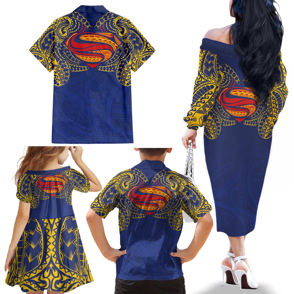 Super Samoan Traditional Tribal Art Tattoos Family Matching Off The Shoulder Long Sleeve Dress and Hawaiian Shirt Blue Color LT03 - Polynesian Pride