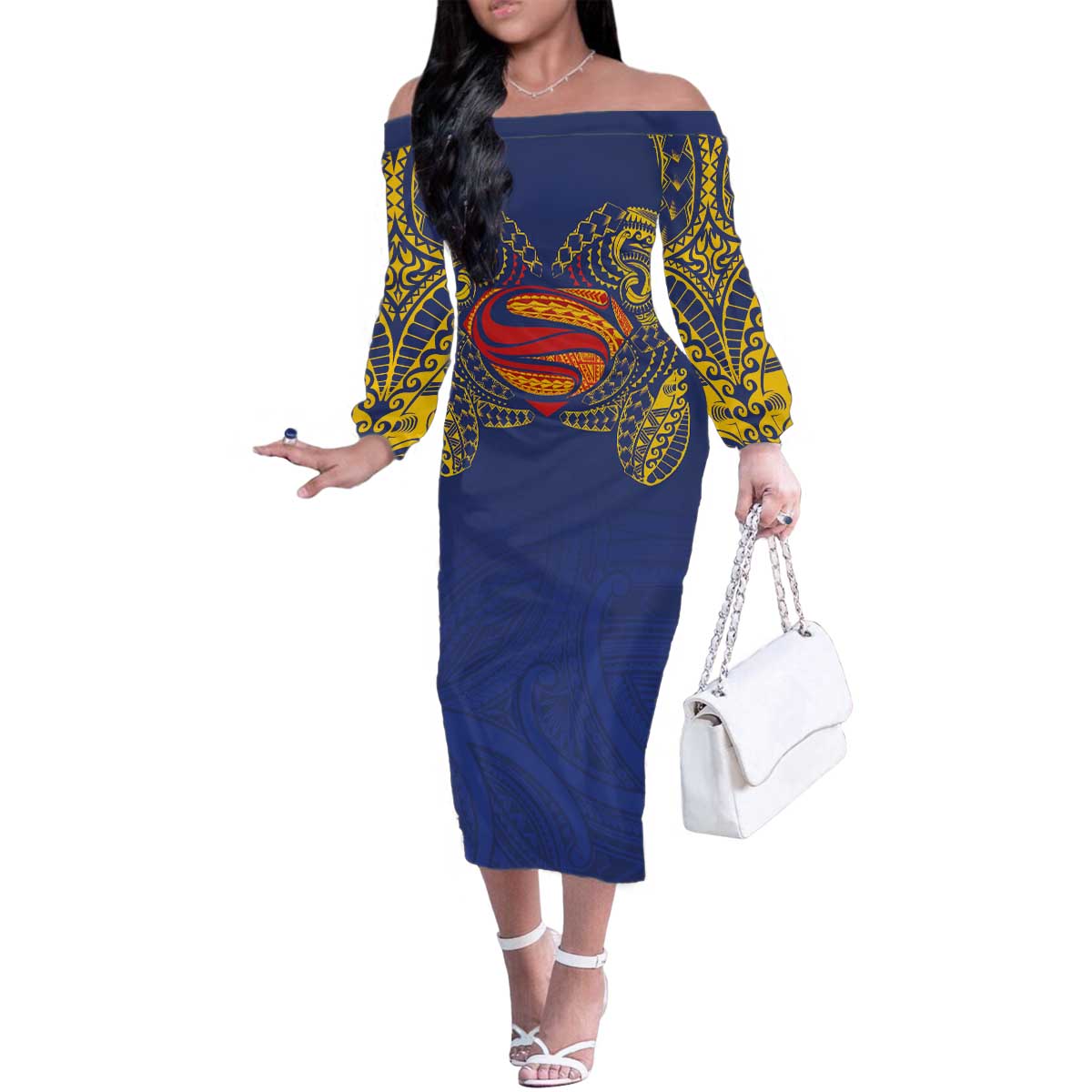 Super Samoan Traditional Tribal Art Tattoos Family Matching Off The Shoulder Long Sleeve Dress and Hawaiian Shirt Blue Color LT03 Mom's Dress Blue - Polynesian Pride