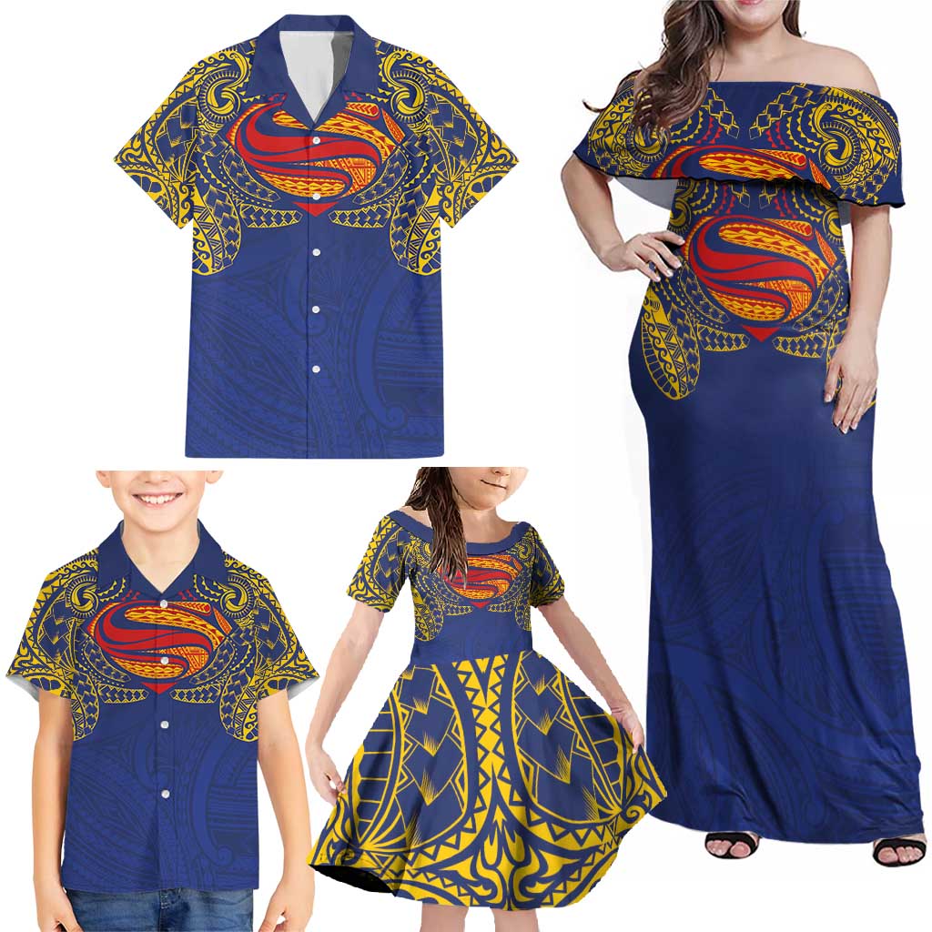 Super Samoan Traditional Tribal Art Tattoos Family Matching Off Shoulder Maxi Dress and Hawaiian Shirt Blue Color LT03 - Polynesian Pride
