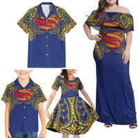 Super Samoan Traditional Tribal Art Tattoos Family Matching Off Shoulder Maxi Dress and Hawaiian Shirt Blue Color LT03 - Polynesian Pride