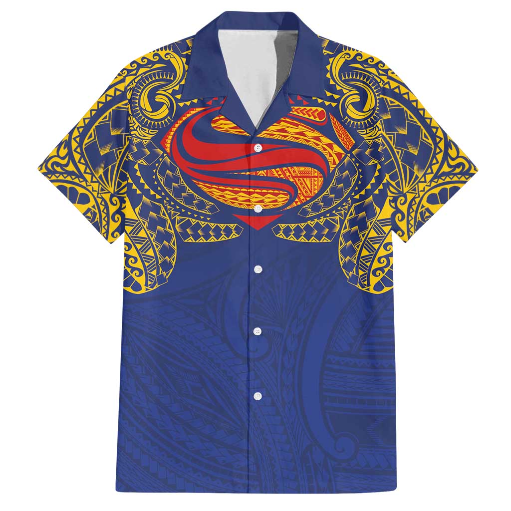 Super Samoan Traditional Tribal Art Tattoos Family Matching Off Shoulder Maxi Dress and Hawaiian Shirt Blue Color LT03 Dad's Shirt - Short Sleeve Blue - Polynesian Pride