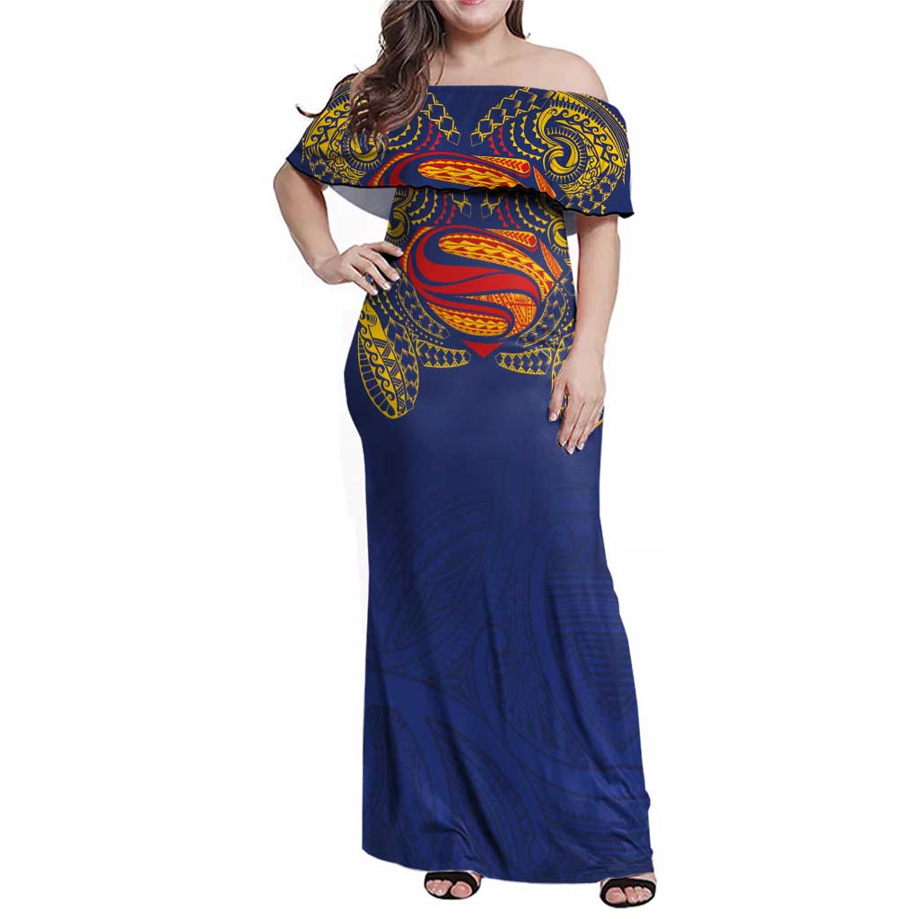 Super Samoan Traditional Tribal Art Tattoos Family Matching Off Shoulder Maxi Dress and Hawaiian Shirt Blue Color LT03 Mom's Dress Blue - Polynesian Pride
