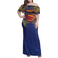 Super Samoan Traditional Tribal Art Tattoos Family Matching Off Shoulder Maxi Dress and Hawaiian Shirt Blue Color LT03 Mom's Dress Blue - Polynesian Pride