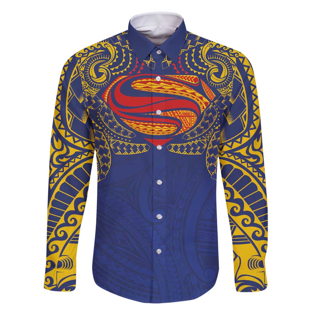 Super Samoan Traditional Tribal Art Tattoos Family Matching Off Shoulder Short Dress and Hawaiian Shirt Blue Color LT03 Dad's Shirt - Long Sleeve Blue - Polynesian Pride