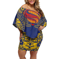 Super Samoan Traditional Tribal Art Tattoos Family Matching Off Shoulder Short Dress and Hawaiian Shirt Blue Color LT03 Mom's Dress Blue - Polynesian Pride