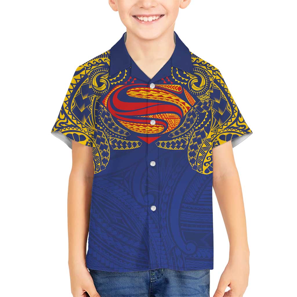Super Samoan Traditional Tribal Art Tattoos Family Matching Puletasi and Hawaiian Shirt Blue Color LT03 Son's Shirt Blue - Polynesian Pride