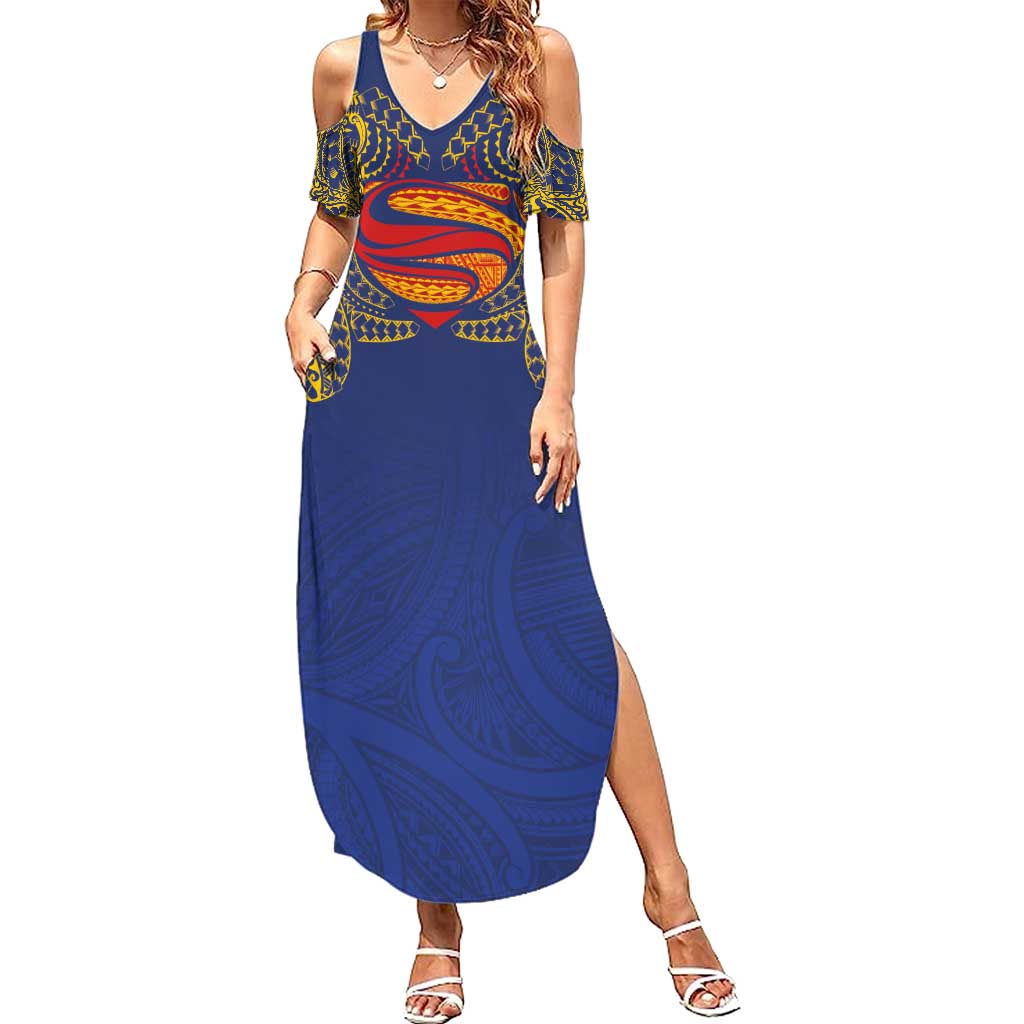 Super Samoan Traditional Tribal Art Tattoos Family Matching Summer Maxi Dress and Hawaiian Shirt Blue Color LT03 Mom's Dress Blue - Polynesian Pride