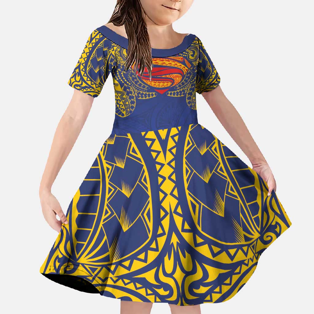 Super Samoan Traditional Tribal Art Tattoos Family Matching Tank Maxi Dress and Hawaiian Shirt Blue Color LT03 Daughter's Dress Blue - Polynesian Pride