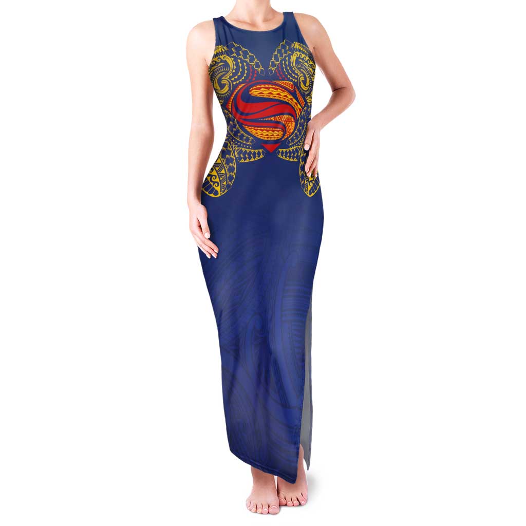 Super Samoan Traditional Tribal Art Tattoos Family Matching Tank Maxi Dress and Hawaiian Shirt Blue Color LT03 Mom's Dress Blue - Polynesian Pride