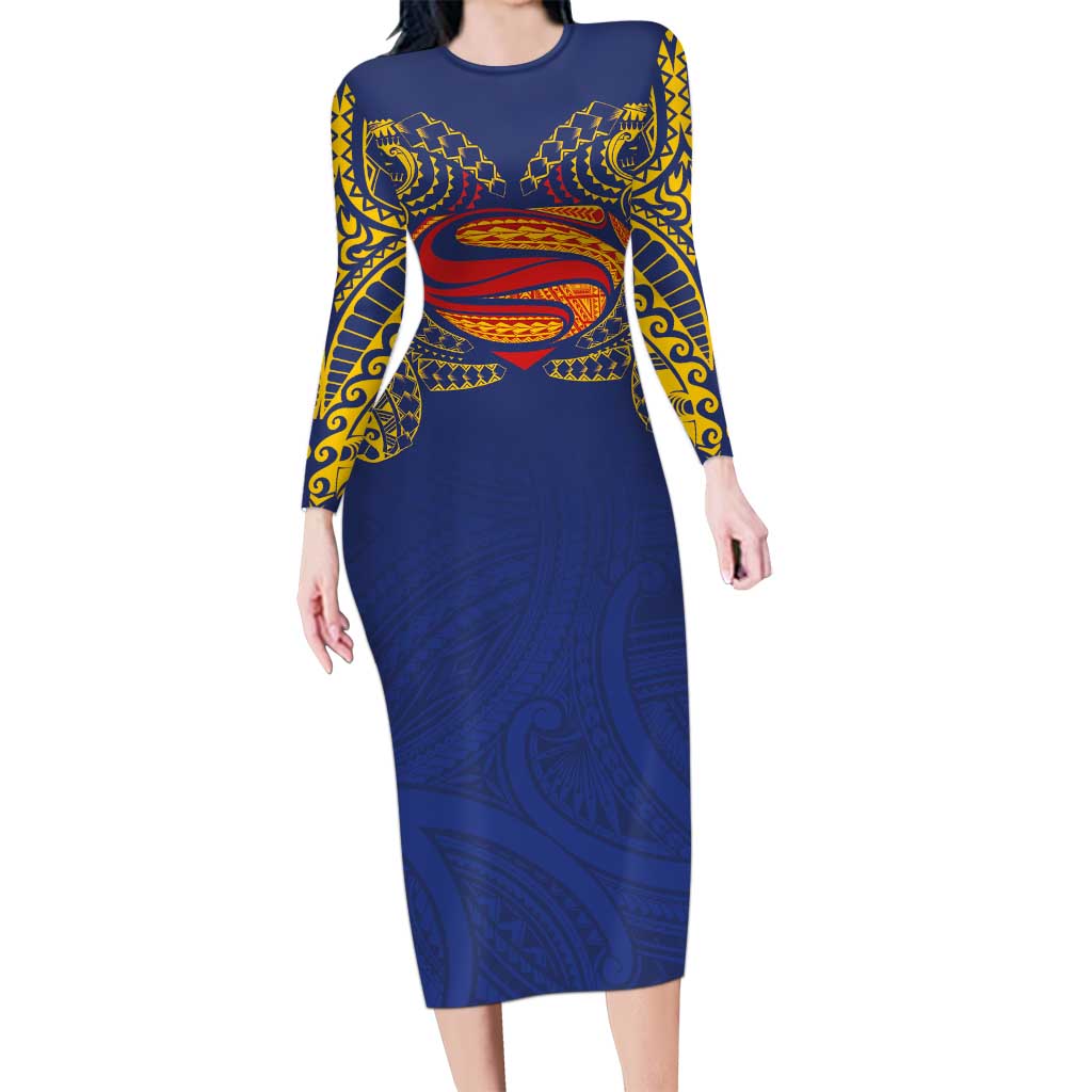 Super Samoan Traditional Tribal Art Tattoos Long Sleeve Bodycon Dress Blue Color LT03 Long Dress Blue - Polynesian Pride