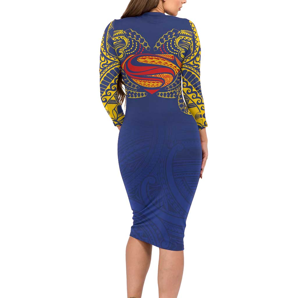 Super Samoan Traditional Tribal Art Tattoos Long Sleeve Bodycon Dress Blue Color LT03 - Polynesian Pride