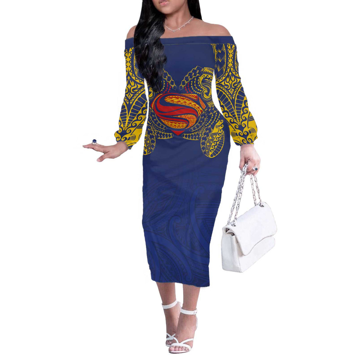 Super Samoan Traditional Tribal Art Tattoos Off The Shoulder Long Sleeve Dress Blue Color LT03 Women Blue - Polynesian Pride