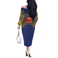 Super Samoan Traditional Tribal Art Tattoos Off The Shoulder Long Sleeve Dress Blue Color LT03 - Polynesian Pride
