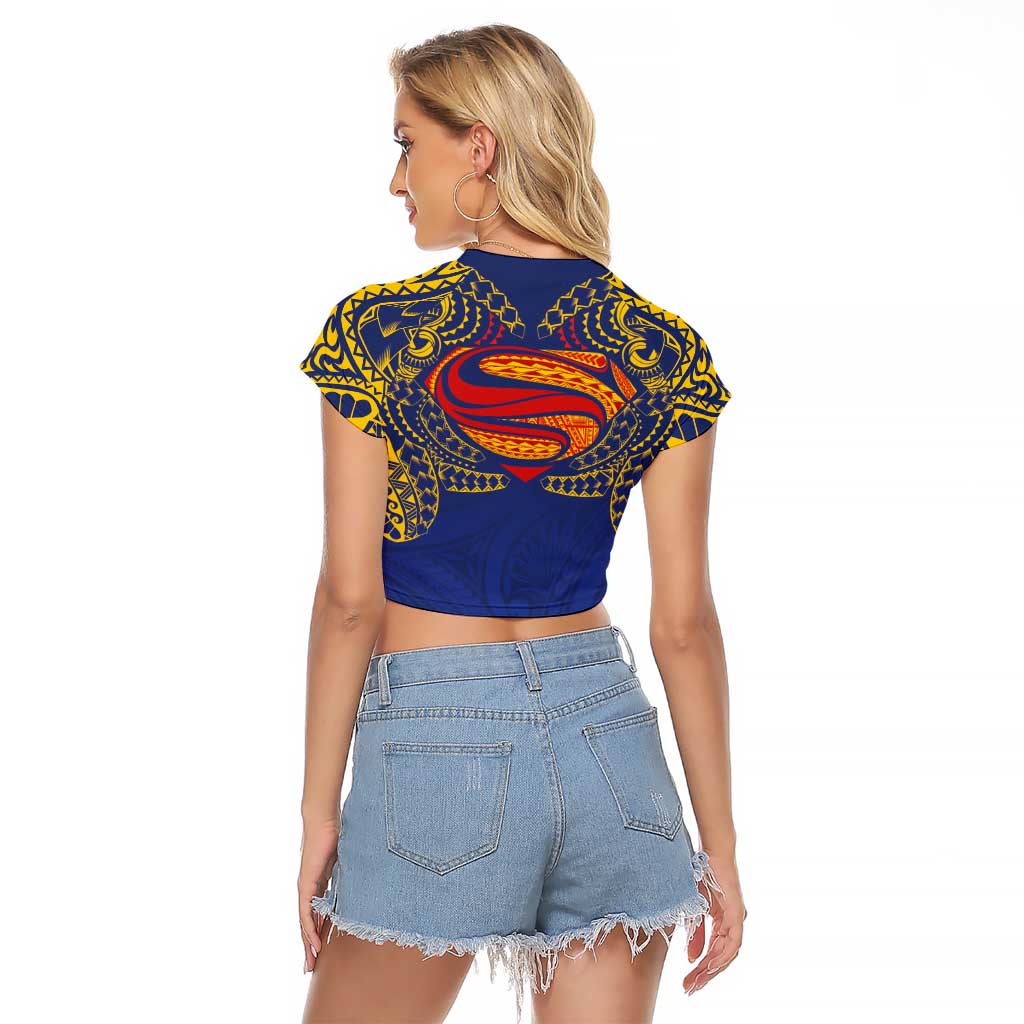 Super Samoan Traditional Tribal Art Tattoos Raglan Cropped T Shirt Blue Color - Polynesian Pride