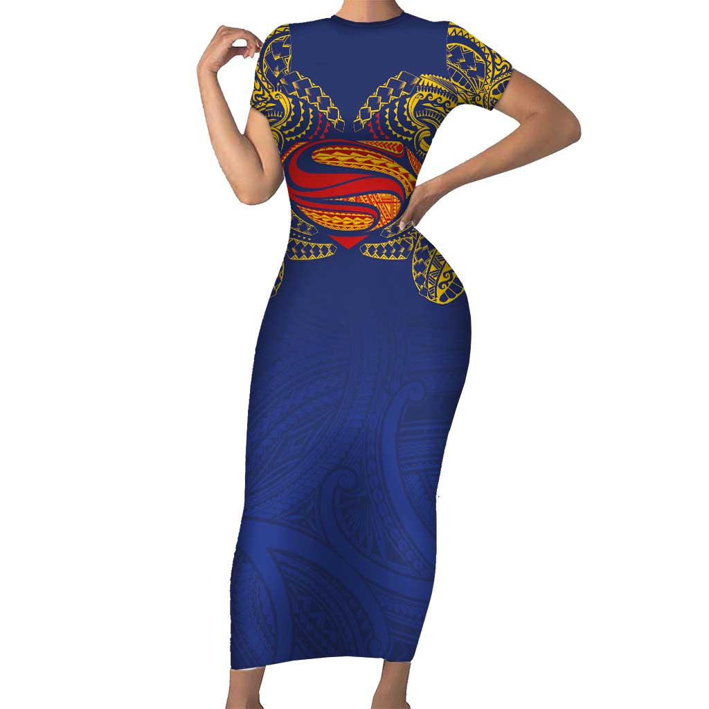 Super Samoan Traditional Tribal Art Tattoos Short Sleeve Bodycon Dress Blue Color LT03 Long Dress Blue - Polynesian Pride