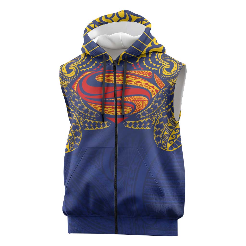 Super Samoan Traditional Tribal Art Tattoos Sleeveless Zip Hoodie Blue Color LT03 Blue - Polynesian Pride